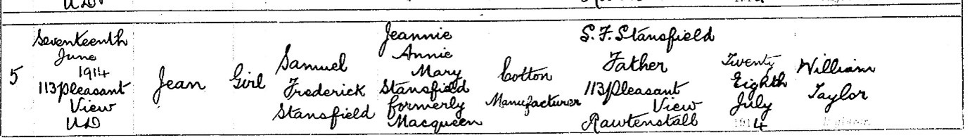 Birth certificate for Jean Stansfield.