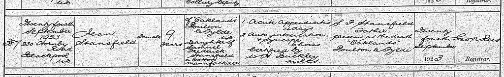 Death certificate for Jean Stansfield